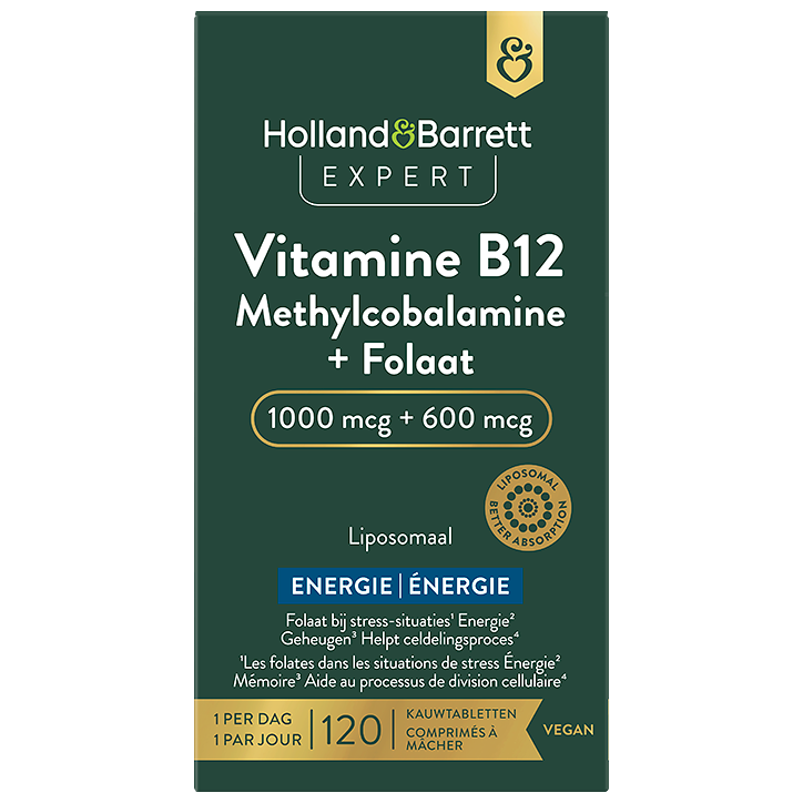 Holland & Barrett Expert Vitamine B12 Methylcobalamine + Folaat Liposomaal – 120 kauwtabletten-1