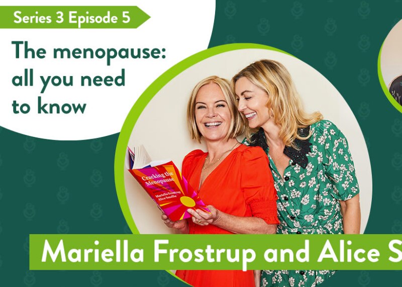 Podcast hosts pose with menopause book