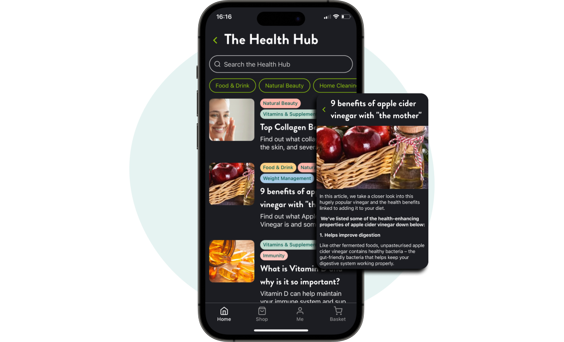 Health Hub articles in app featuring example benefits of apple cider vinegar article