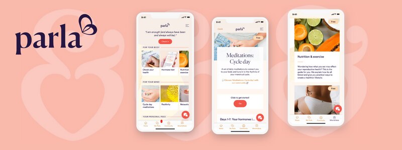 Parla logo and images of the app screens