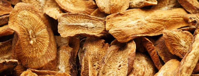 closeup of dried burdock root slices