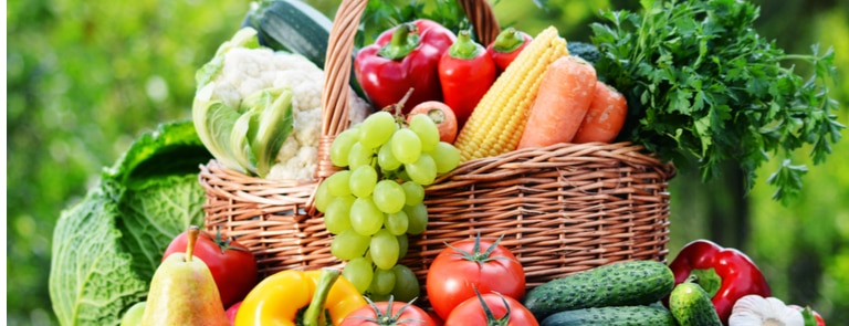 fresh vegetables and fruit in wicker basket