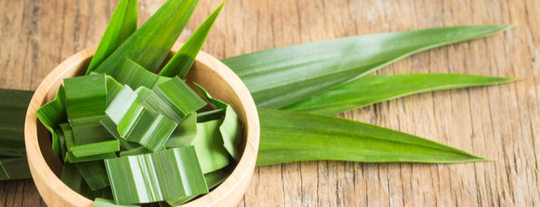 pandan leaves with bowl of sliced pandan