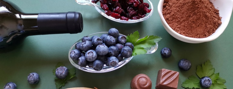 red wine dark chocolate cocoa powder blueberries
