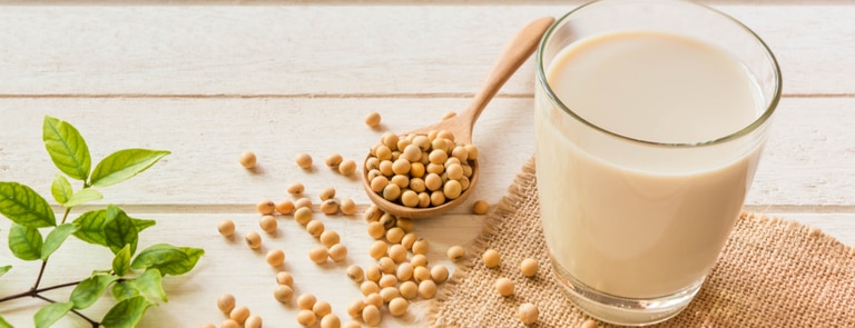soy milk next to soy beans