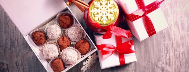 christmas gift basket with vegan chocolate truffles