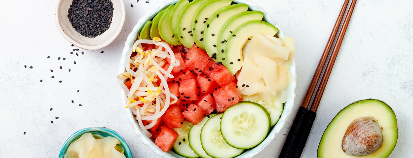 kimchi poke bowl with watermelon