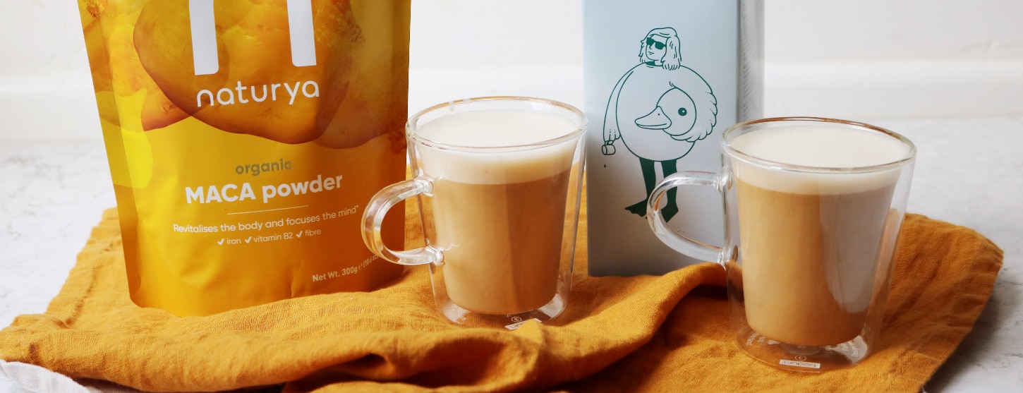 two cups of vegan maca latte with Naturya maca powder and oat milk 