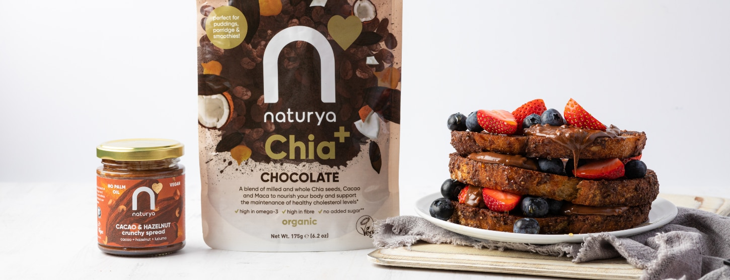 vegan french toast with chocolate and berries next to naturya ingredients