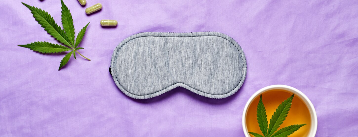 cbd tablets with sleep mask and cbd tea in mug