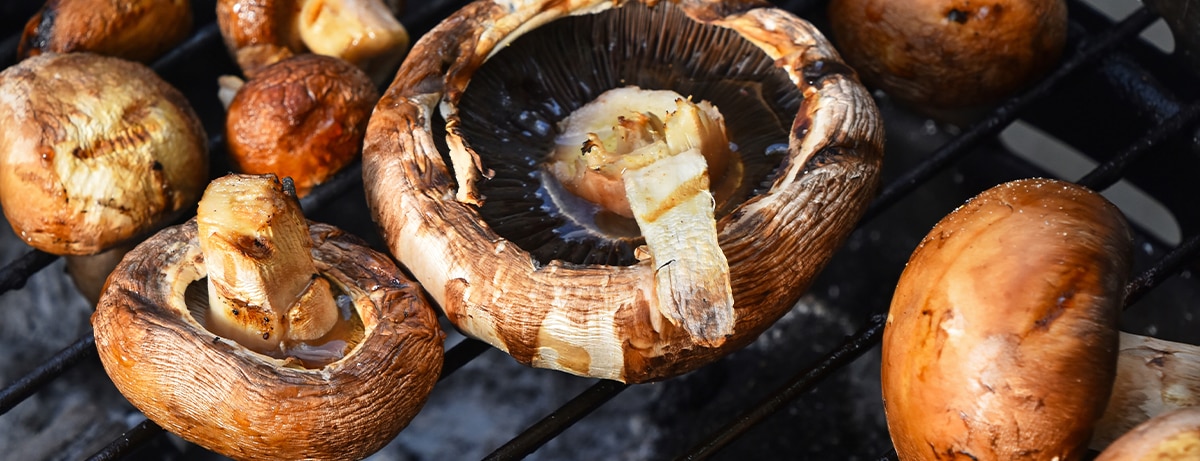 Portobello mushrooms cooking on a griddle