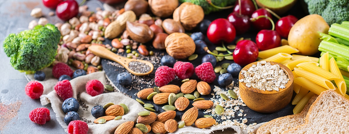 protein rich foods, pasta, fruits nuts