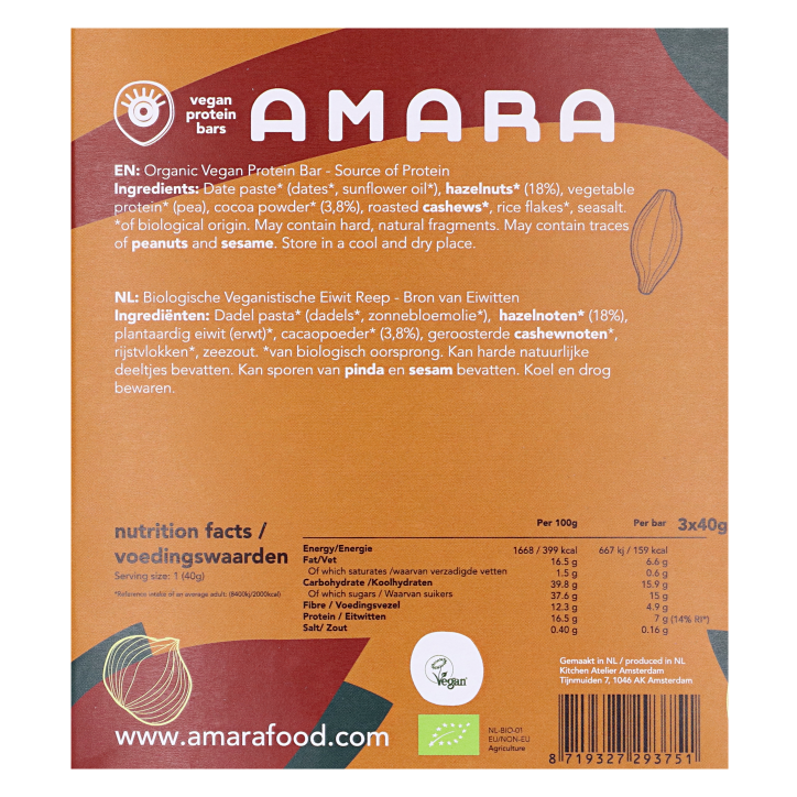 Amara Barres Protéinées Vegan Cacao Noisette - 3 x 40g-3