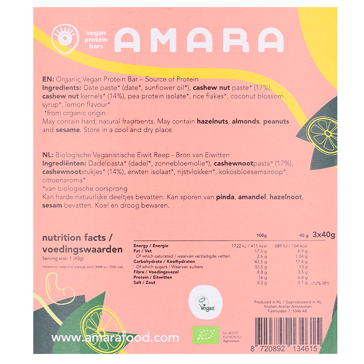 Amara Vegan Protein Bar Cashew Lemon - 3x40g-2