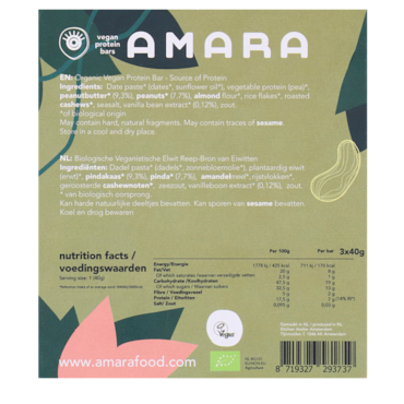 Amara Vegan Protein Bars Peanut Butter Vanilla Bio - 3 x 40g image 3