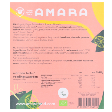 Amara Barres Protéinées Vegan Noix de Cajou Citron - 3 x 40g image 2