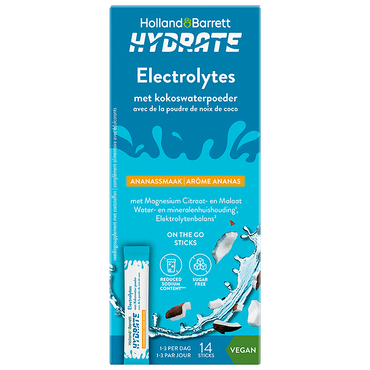 Reviews over Holland & Barrett Hydrate Elektrolyten met Kokoswaterpoeder Ananassmaak - 14 sticks