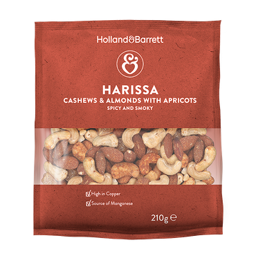 Reviews over Holland & Barrett Harissa Cashews & Almonds with Apricots - 210g