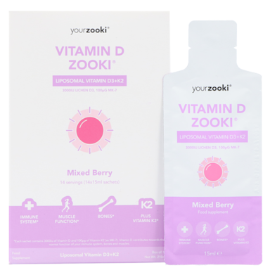 YourZooki Liposomal Vitamin D3 3000IU & K2 100UG Mixed Berry Flavour 15ml (14 zakjes)