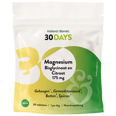 Holland & Barrett 30DAYS Magnesium Bisglycinaat En Citraat 175mg - 30 tabletten