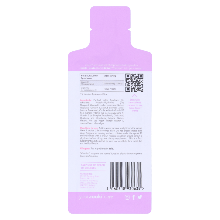 YourZooki Liposomal Vitamin D3 3000IU & K2 100UG Mixed Berry Flavour 15ml (1 zakje) image 2