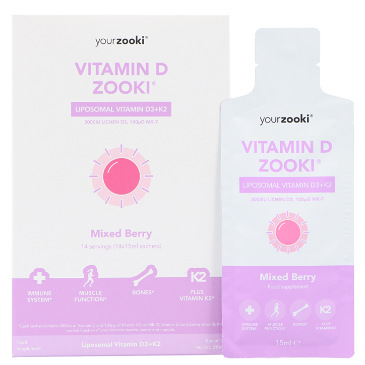 YourZooki Liposomal Vitamin D3 3000IU & K2 100UG Mixed Berry Flavour 15ml (14 zakjes)