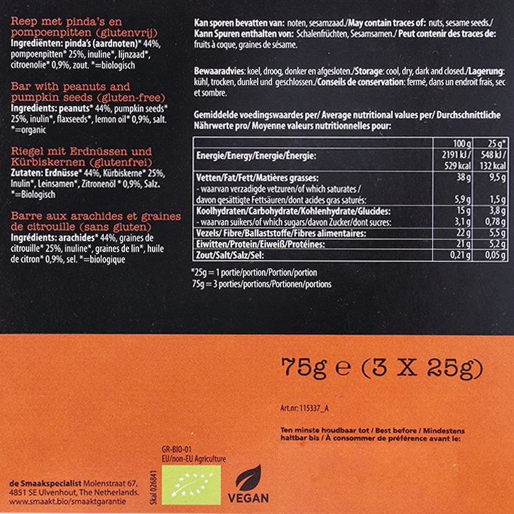 Smaakt Less Carb Pinda-Pompoenpitrepen Bio - 3x25 g image 2