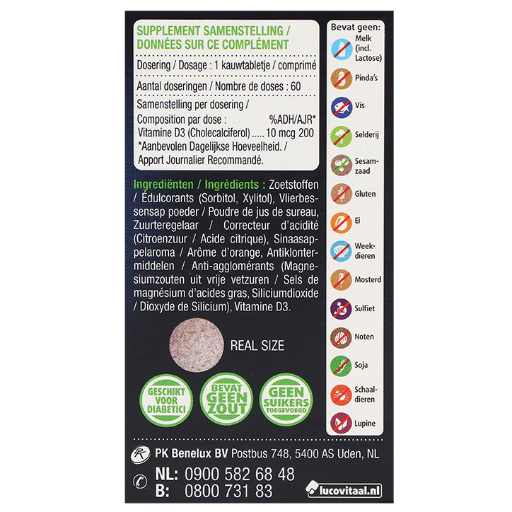 Lucovitaal Vitamine D3 10mcg Vegan - 60 comprimés à mâcher image 3