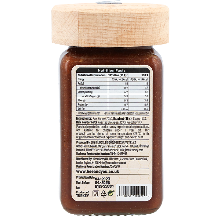 BEE&YOU Propolis Hazelnoot-Cacao-Melk Rauwe Honing Spread - 180g image 2