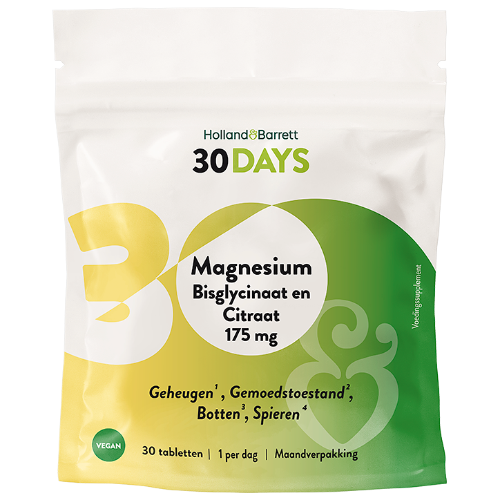 Holland & Barrett 30DAYS Magnesium Bisglycinaat En Citraat 175mg - 30 tabletten image 1