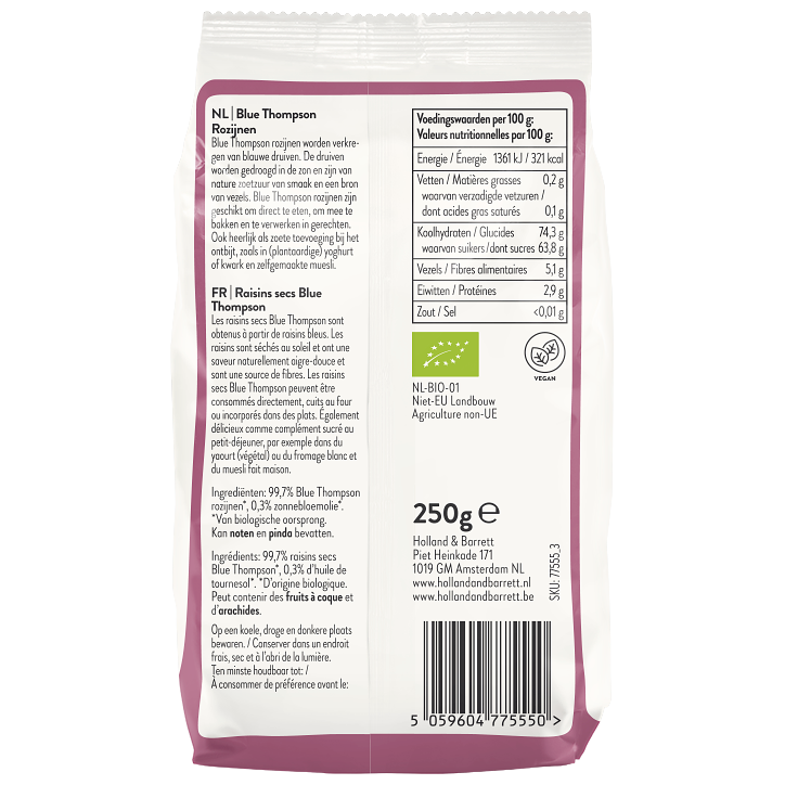 Holland & Barrett Raisins Secs Blue Thompson Bio - 250g image 2