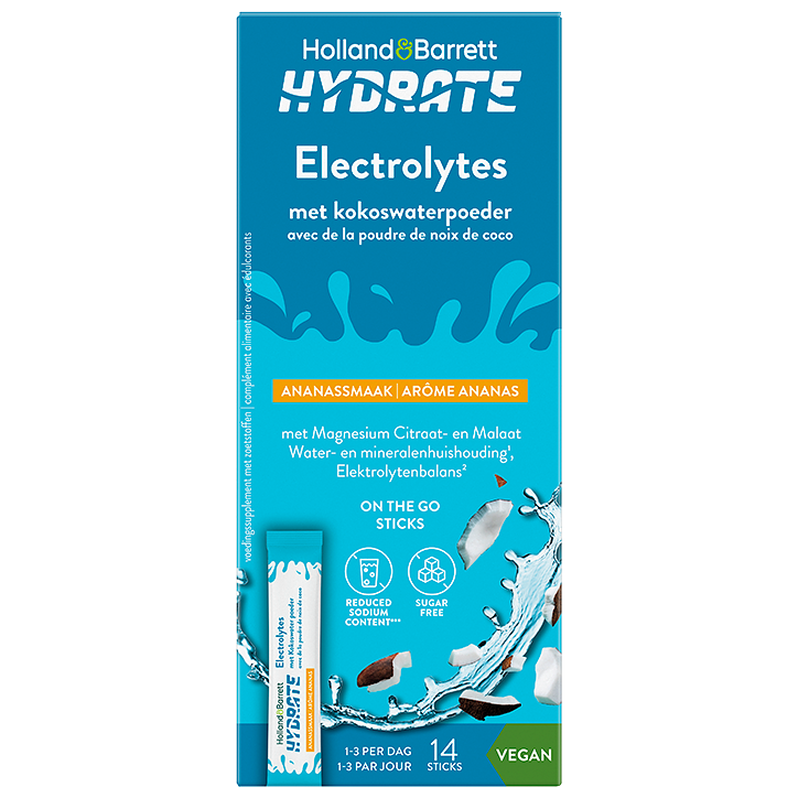 Holland & Barrett Hydrate Elektrolyten met Kokoswaterpoeder Ananassmaak - 14 sticks