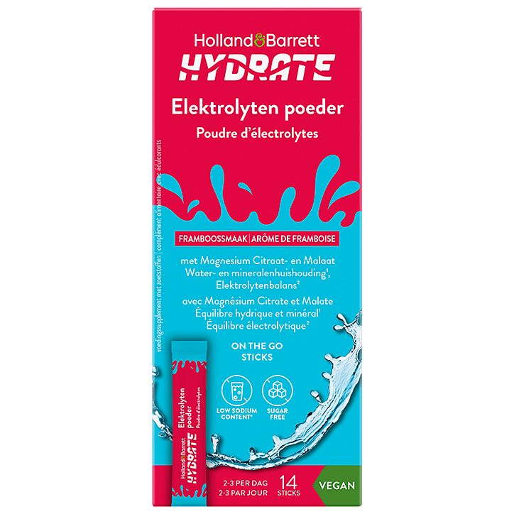 1+1 gratis | Holland & Barrett Hydrate Elektrolytenpoeder Framboos - 14 sticks