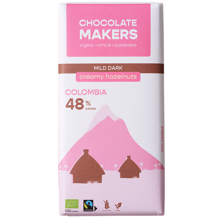 2e product 50% korting | Vegan | Chocolatemakers Mild Dark Creamy Hazelnuts Colombia 48% - 80g