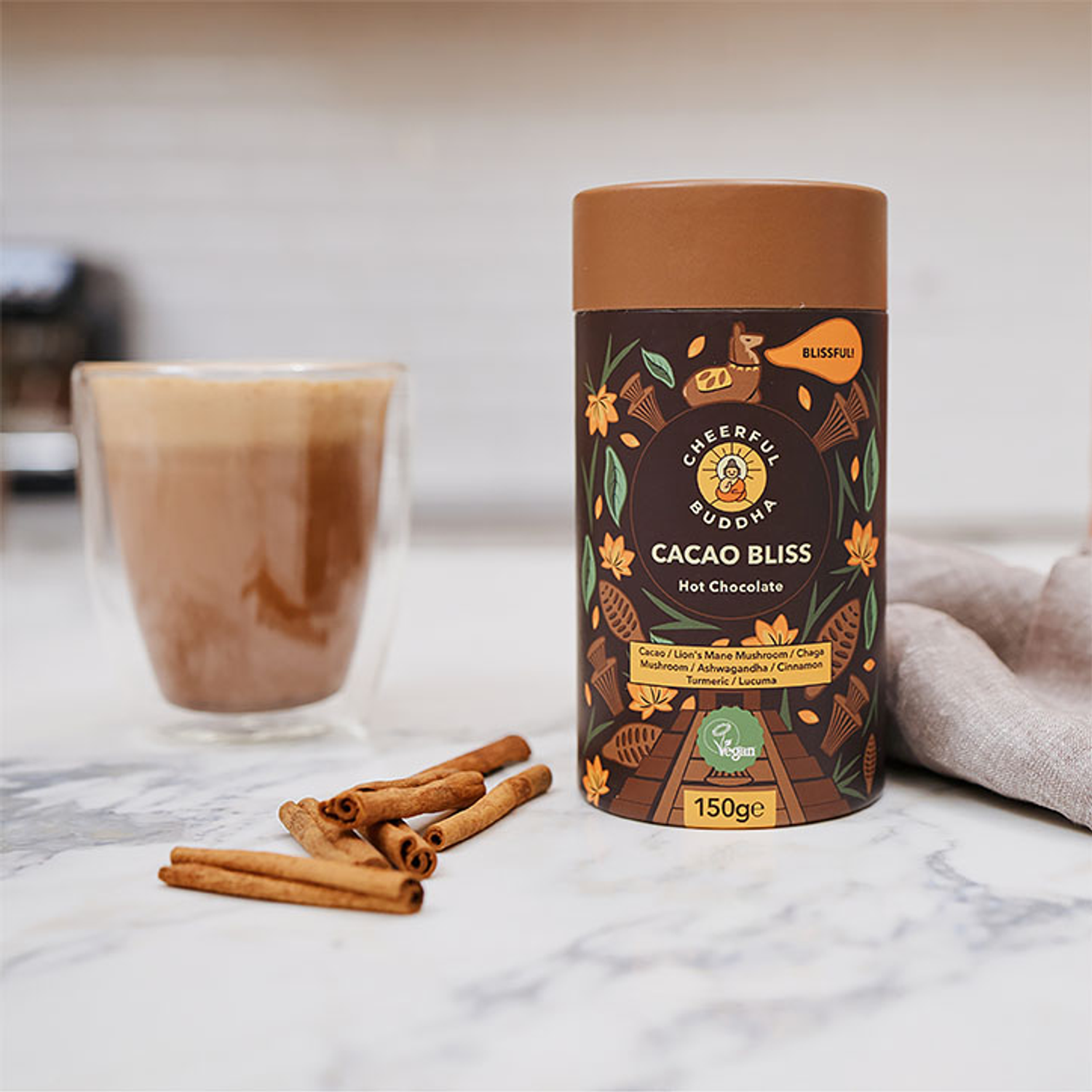 Cheerful Buddha's instant cacao hot chocolate drink, with lion's
