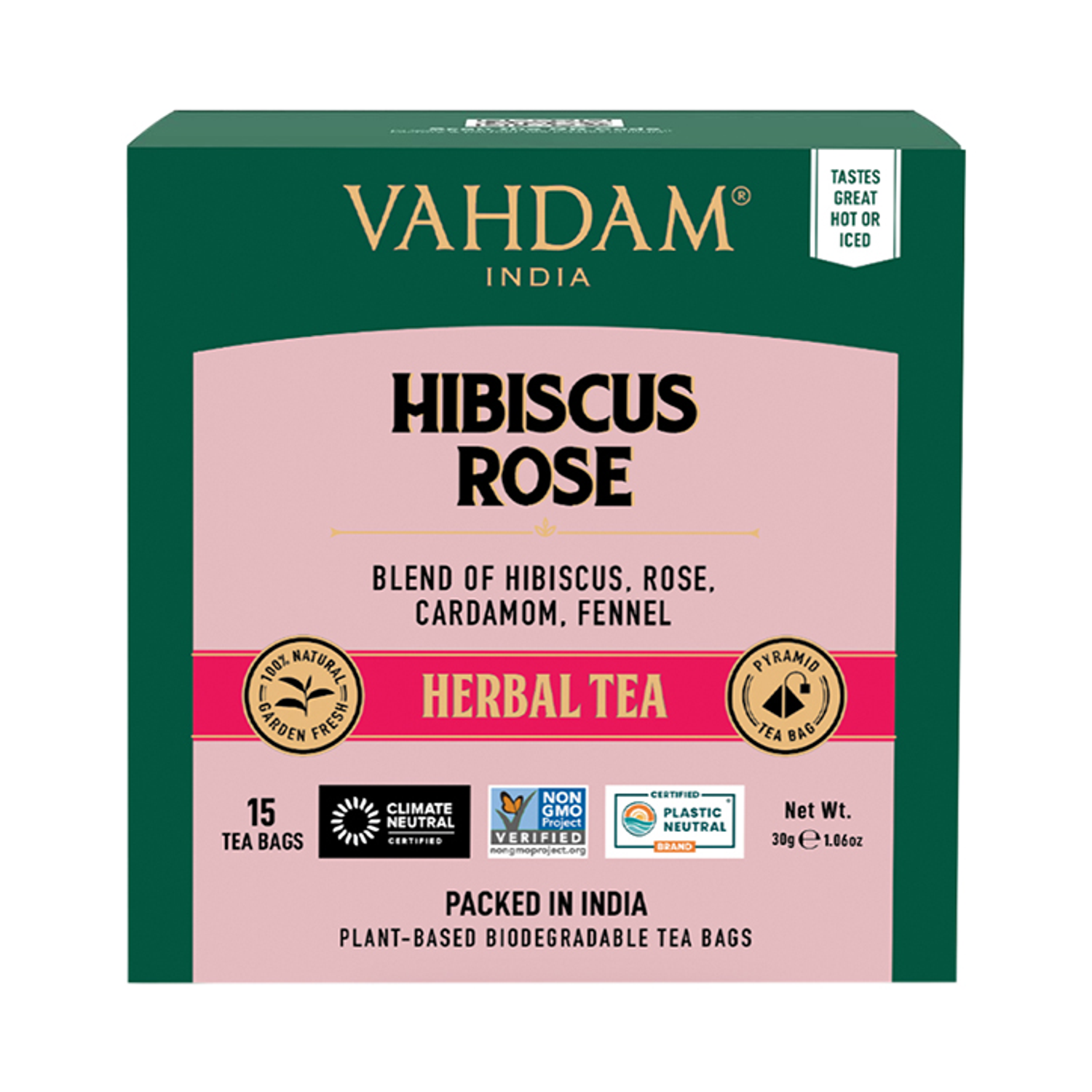 Vahdam Teas Hibiscus Rose Herbal Tea (15 Tea Bags) Holland & Barrett