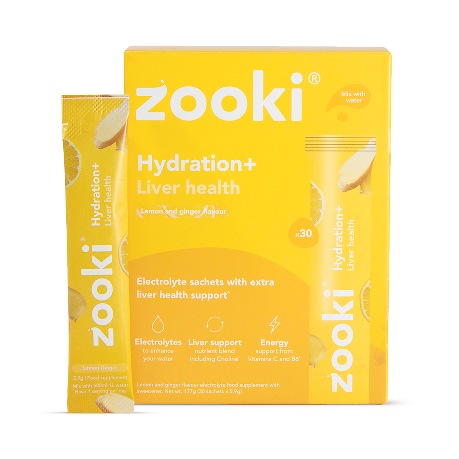 Zooki Hydration+ Liver Health, Lemon Ginger Flavour 30 Sachets