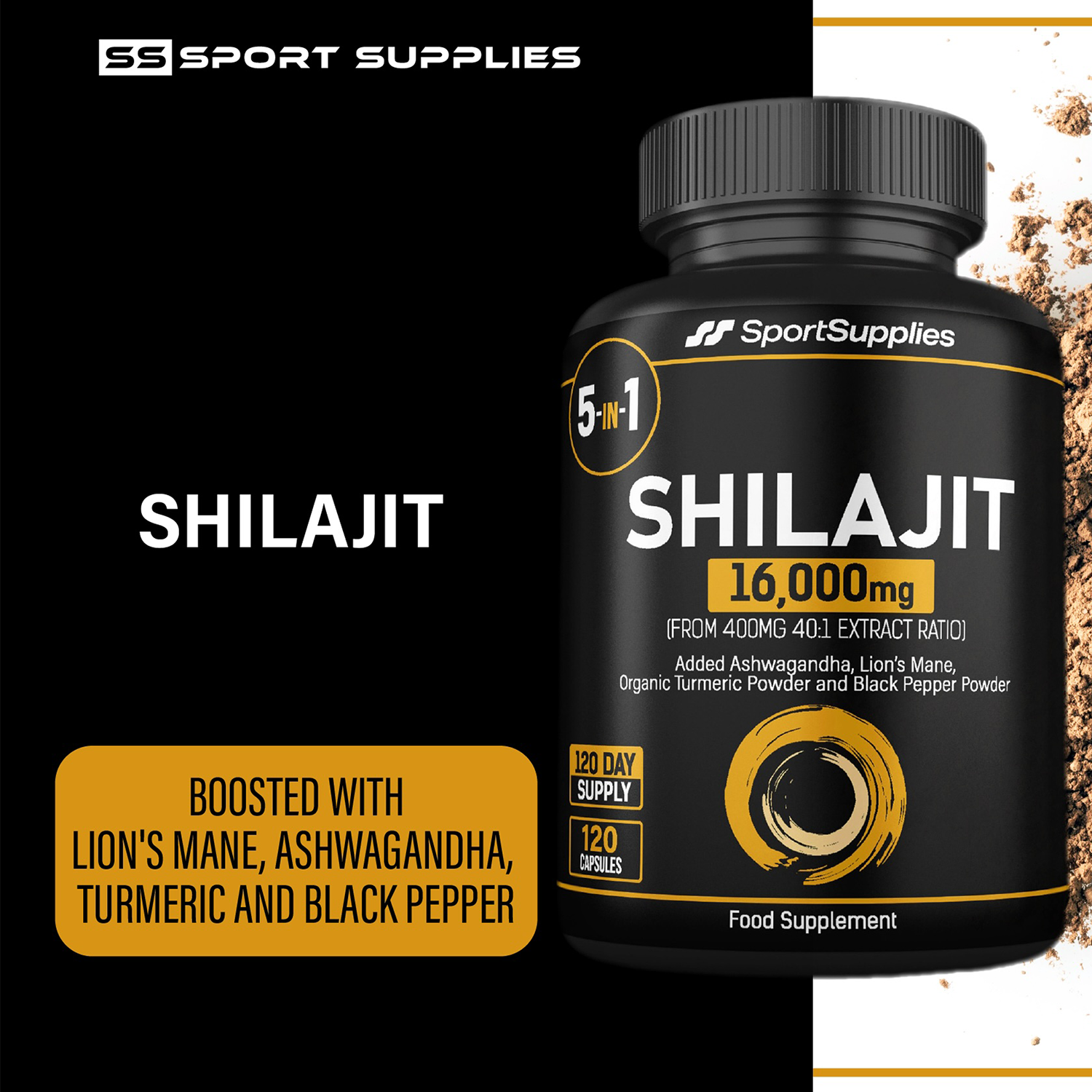SS Sport Supplies Shilajit Complex with Lions Mane, Ashwagandha, turmeric and black pepper 120 Capsules