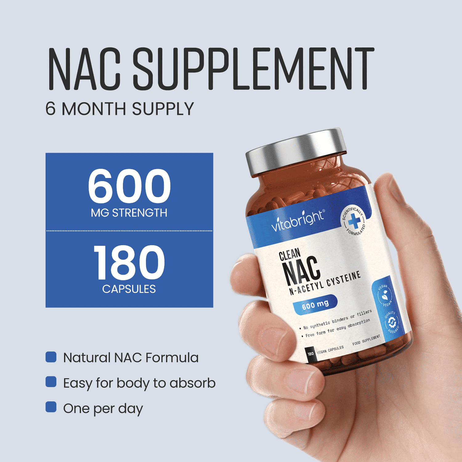 VitaBright NAC Supplement - 600mg per Capsule - 180 Capsules