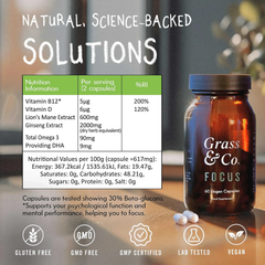 Image 2 for FOCUS Lion's Mane Mushrooms with Ginseng + Omega-3 60 Vegan Capsules