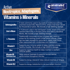 Image 3 for Brainwave Nootropics Brain Function & Immune System Support Complex - Ashwagandha, Lion’s Mane, L-Theanine, Vitamins D3, B5, B12 & Zinc