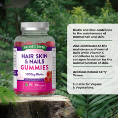 Image 2 for Hair Skin & Nails Biotin 5000ug - 60 Gummies - Raspberry 60Gummy
