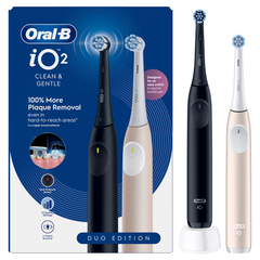 Image 2 for Oral-B iO 2 Electric Toothbrush, 2-Pack, Black & Pink, 2 Brush Heads, Travel Case