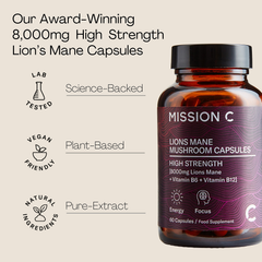 Image 4 for Mission C Lion’s Mane Capsules 8000mg with Vitamin B6 & B12 60 Vegan Capsules