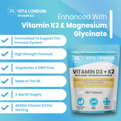 Image 3 for Vitamin D3 + K2 Supplement 4000IU 180 Tablets