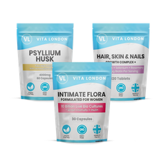 Image 1 for Women's Vitamin Bundle 3pk - Intimate Flora Probiotics - Psyllium Husk Capsules - Biotin Hair, Skin & Nails Tablets