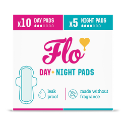 Flo Bamboo Period Pads with Wings Combo Pack 10 Day Pads, 5 Night Pads (15 Pads)