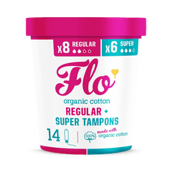 Flo Organic Cotton Applicator Tampon Combo Pack (8 regular + 6 super tampons)