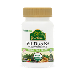 NaturesPlus Source of Life Garden Organic Vitamin D3 2000 IU & K2 100 Mcg Vegan Capsules