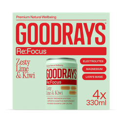 Goodrays Re:Focus Electrolytes, Magnesium & Lions Mane Lime & Kiwi Drink 4 x 330ml